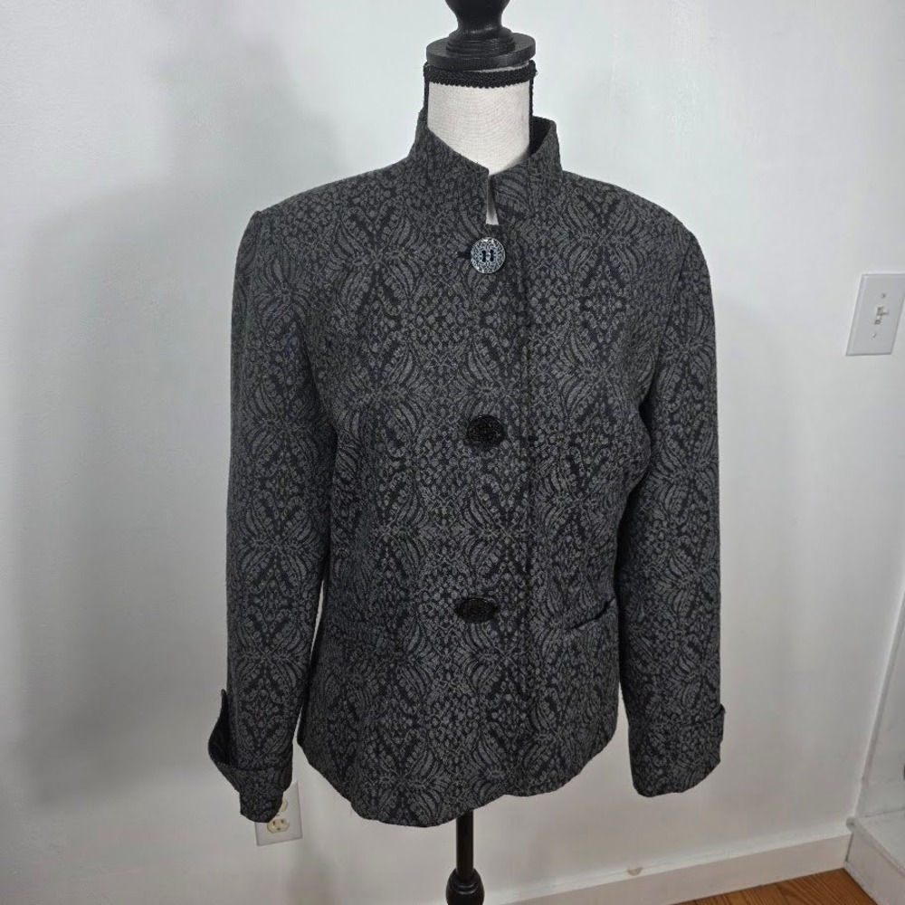 Coldwater Creek Black Gray Jacquard Blazer Jacket Sz 12 Academic Mandarin Collar